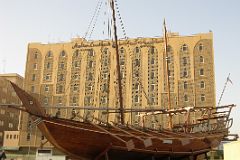 Dubai 01 03 Arabian Courtyard Hotel Outside With Dubai Museum Dhow